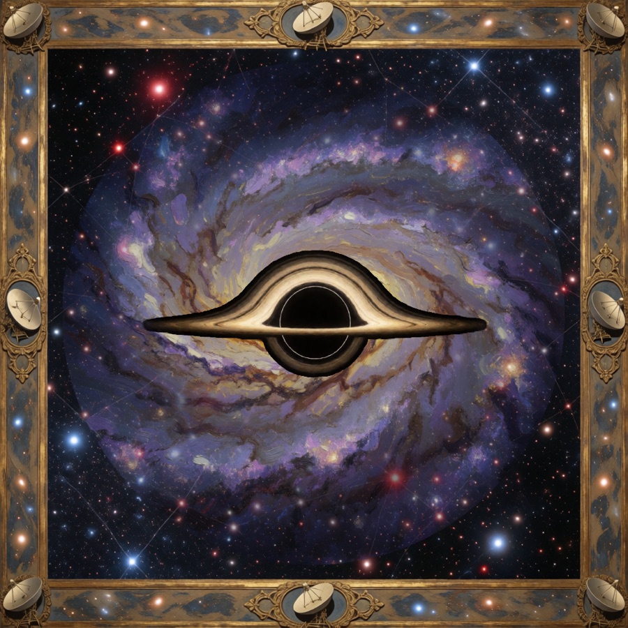 Conference artwork: a black hole with its glowing accretion disk set against a spiral galaxy, framed by an ornate golden border with radio telescope ornaments